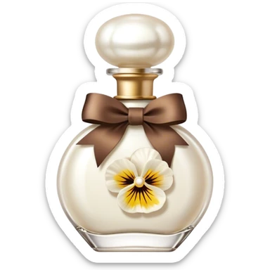pearl white perfume bottle in vintage style and ivory colored pansies and brown bow sticker