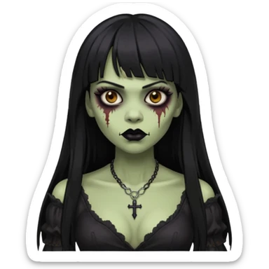 vampira gótica parda zumbi de cabelo longo e preto e franja e roupa com decote e batom preto sticker