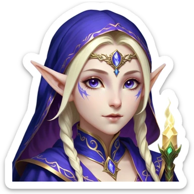 Cinematic Realistic WoW Elf Mage Portrait, head tilted epicly and inquisitively, showcasing a commanding presence and graceful arcane power. Her luminous, porcelain-like skin and delicate features, framed by an intricately detailed robe in deep blues and purples with golden accents, are rendered with lifelike clarity and dramatic, mystical lighting, high shine, epic and awe-inspiring, embodying the timeless magic of an elven mage poised to reshape destiny. sticker