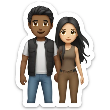 a couple holding hands. the guy has black middle part hair and is Persian and Filipino mix, wearing a jacket. the girl has brown hair white and asian mix, wearing a crop top. sticker