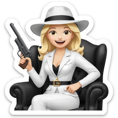 Mafia blondes Laughter lol woman in hat , gun ,black armchair , white costume  sticker