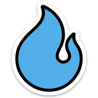 blue abstract flame shape, bold black outline, geometric style sticker