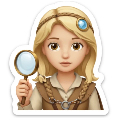 blonde haired girl in archaeological outfit, holding magnifying glass sticker