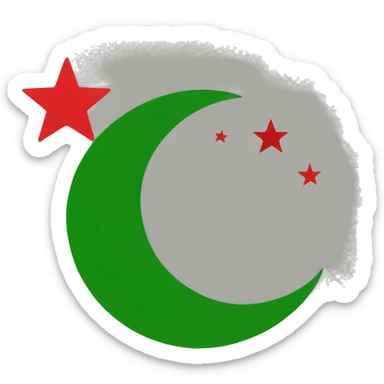 	•	Background: The flag is divided into two horizontal sections.
	•	The top half is green.
	•	The bottom half is red.
	•	Crescent and Star: In the center of the flag, there is a white crescent moon with a five-pointed star next to it. sticker