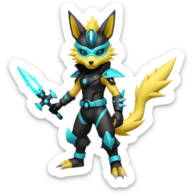 Shiny badass cool edgy spikey fluffy realistic cyan yellow white electric complex futuristic Zeraora-Renamon-Electrike-Umbreon-Manectric-Weregarurumon-fusion-creature (full body) wearing a black cyberpunk-helmet-mask sticker