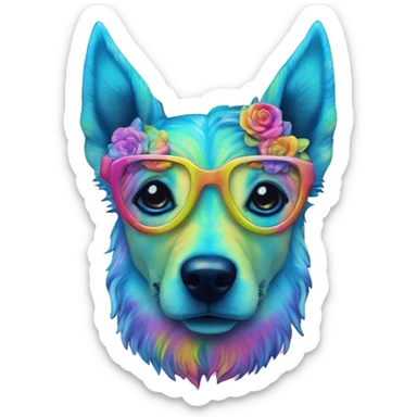 Multicolored rainbow retro groovy tie dye hippie trippy floral patterns on a metallic holographic iridescent blue dog face head unicorn sticker