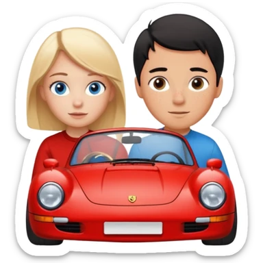 crea un emoji que sea una pareja, una chica rubia con pecas en la cara & los ojos azules & un chico con el pelo negro lindo con ojos cafés que haya un porsche rojo  sticker