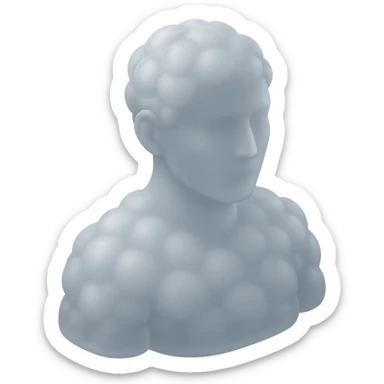 person looking straight, composed entirely of white fluffy convex clouds, shoulders visible, matte glass style sticker