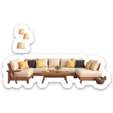 large open concept room with cream walls, wooden floor, cute decorative pillows, wooden furniture sticker