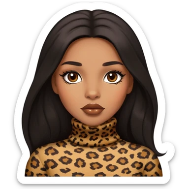 light brown skin tone, very beautiful woman, with big plump lips, long long lashes, black straight long hair, brown eyes, leopard turtle neck sticker
