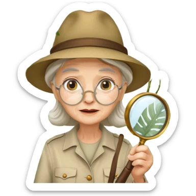 an old woman with jungle and magnifying glass sticker