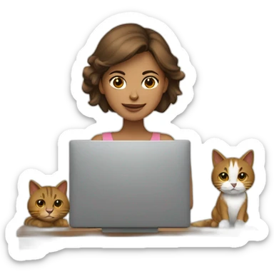 Mujer con pelo largo color castaño junto a un computador y un gato rayado sticker