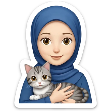 White girl wearing dark blue hijab with white shirt smiling while holding a black grey tabby cat sticker