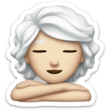 white female with white hair with a blue bow asleep on a blue/white bed sticker