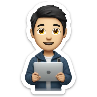 Asian man, black hair, college student holding laptop sticker