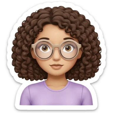 Memoji-style illustrated girl with dark brown curly hair, round glasses, large brown eyes, soft rounded face, warm beige skin tone, wearing neutral Pilates activewear, calm wellness aesthetic, pastel colors, sticker-style digital illustration, smooth shading, white outline. sticker