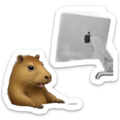 Capybara with a Macbook in the bathroom, around a duck sticker