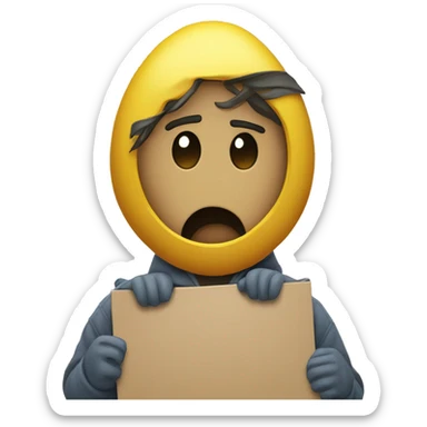 That yello round emoji with sad face and holding a fake sign board sticker
