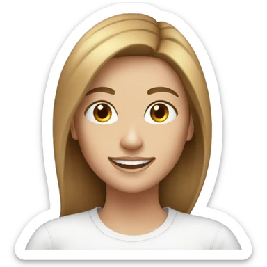 Woman in her late twenties, white, brown hair smiling, tshirt jeans sticker