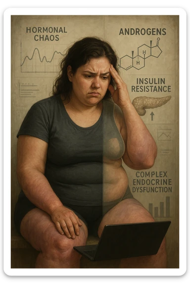 cinematic realistic in italiano Woman with PCOS struggling with hormonal chaos, transparent overlay showing elevated androgens and insulin resistance affecting her body, lipedema causing disproportionate fat accumulation in legs and arms despite normal torso, expression of frustration with unexplained weight gain, medical charts showing complex endocrine dysfunction, painful swollen limbs contrasting with metabolic confusion in italiano sticker