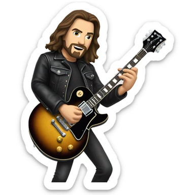 A man with Long brown hair and goatee is wearing a black leather jacket, black spandex pants, Chuck Taylor shoes while playing a Gibson Les Paul guitar  sticker