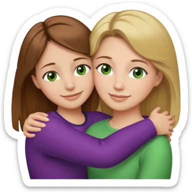 Maman cheveux marrons yeux marrons peau blanche et fille cheveux blond yeux verts peau blanche qui se font un câlin  sticker