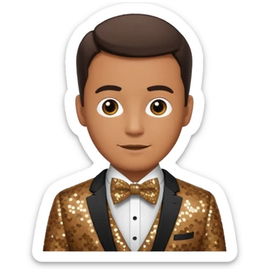 Neil Fanning, Australia Actor (b.1967) with brown sequin suit with bow tie sticker