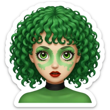 crie uma mulher, vibe total terror, mas ela com cabelo cacheado e franja, e pele verde sticker