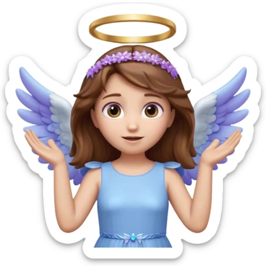 Cute 3D angel emoji, brown hair, glowing halo, small blue-white wings, pastel purple dress, hands raised, big expressive eyes, soft lighting, glossy texture, Pixar style, high detail sticker