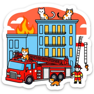 Fire truck with aerial ladder four firemen rescuing a cat sticker