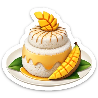 Mango Sticky Rice Cinematic Realistic Mango Sticky Rice Dessert Emoji, depicted as sticky rice drizzled with coconut milk topped with a layer of coconut cream, accompanied by sliced mango on the side of the plate, rendered with vivid textures and warm, tropical lighting. sticker