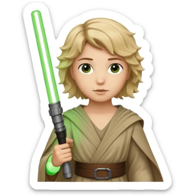 Young jedi with sandy blonde wavy short hair holding a green light saber. With brown eyes sticker