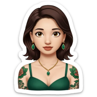 pretty bratz genmoji that looks like tamannah bhatia (bollywood actress), wearing a dark green sweetheart neckline top, dark brown hair, light makeup, no necklace, dangly earrings, side hair part, dark BROWN eyes, with full tattoos and neck tattoo big, fair sticker