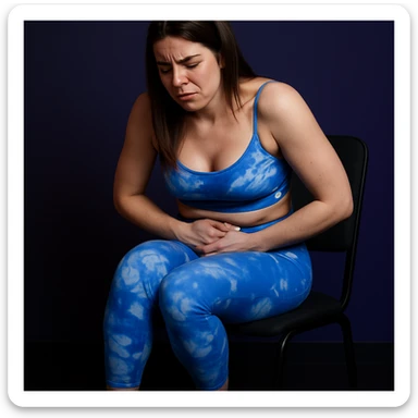 A slender woman in 4K sitting on a chair with crossed legs, slightly bending forward, hands pressing on the lower abdomen, face tense from pain, inspired by the reference photo. sticker