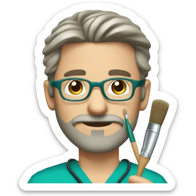 male dark blond with grey beard doctor with hazel eyes and wire-rimmed glasses in teal scrubs holding a paintbrush sticker