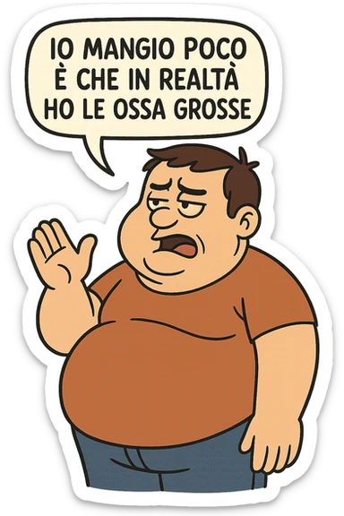 uomo che dice "Io mangio poco è che in realtà ho le ossa grosse" , trovando scuse per il suo peso corporeo sticker