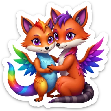 black female raccoon dragon hybrid with rainbow colored wings and purple eyes hugging a red female fox dragon hybrid with rainbow colored wings and orange eyes sticker