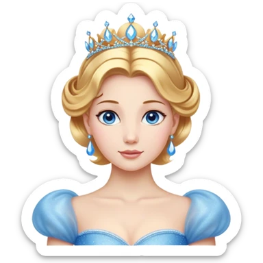 Cinematic Stunning Cinderella Portrait Emoji, Radiant in her sparkling blue ball gown, golden hair in a perfect updo, soft blue eyes full of wonder, glistening tiara, glowing with an ethereal beauty, regal yet kind, a dreamlike aura surrounds her, capturing the essence of a fairy tale princess, elegant and breathtaking! sticker