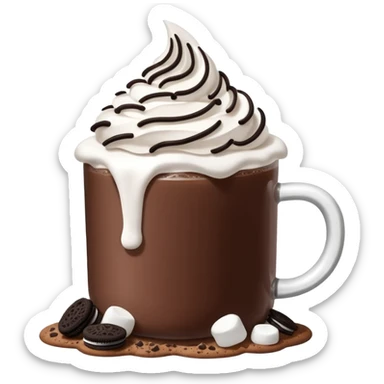 Hot chocolate with whipped cream and marshmallows on top of the whipped cream and also crunched Oreo crumbs. sticker