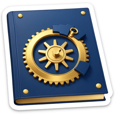 A navy blue book with gold details, metallic edges, and a golden gear with a chart with upward trend on the cover, radiating productivity, strategy, and success in motion- sticker