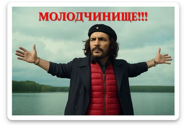 Сгенерируй мне в такой же позе и в такой же одежде Че Гевара (как на 2 фото) sticker