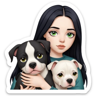 billie eilish long black hair dark eyeliner makeup, holding pitbull dog sticker