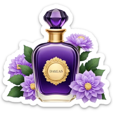 A dark amethyst vintage French-style perfume bottle with intricate golden detailing rests elegantly on an antique vanity. Surrounding it, delicate periwinkle dahlias and soft lavender sprigs add a touch of romantic charm. The glass reflects a warm glow from a nearby candle, enhancing its deep violet hues. The scent of aged vanilla and floral notes lingers in the air, evoking an aura of timeless elegance. sticker