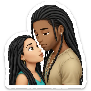 Latina Woman with long hair kissing a young black guy with dreads no beard sticker