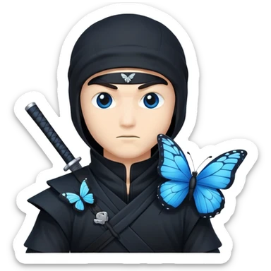 Crea un emoji para usar en WhatsApp con estos dos emoji 🥷🏻 🦋.
Ninja vestido de negro con la piel blanca y una mariposa azul posada en su hombro izquierdo como si la mar6 estuviera volando en su hombro. sticker
