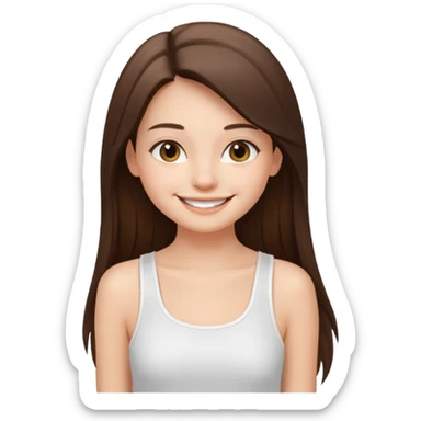 a pretty bratz fair girl with straight brunette long hair, wearing a white thin strap trap tank top, smiling sticker