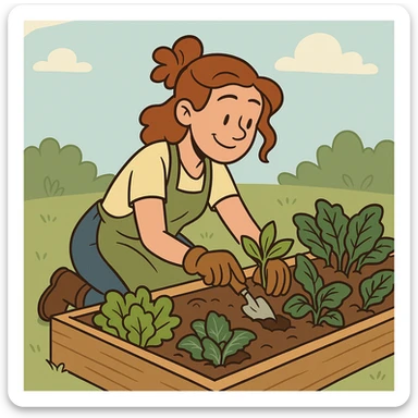 a woman gardening a raised bed vegetable garden, flat toon style sticker