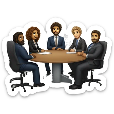 work meeting table 3 men and 4 women sitting on a table wearing suits the women have curly hair and one of the men is fat with a beard and of them is tanned with curly hair sticker