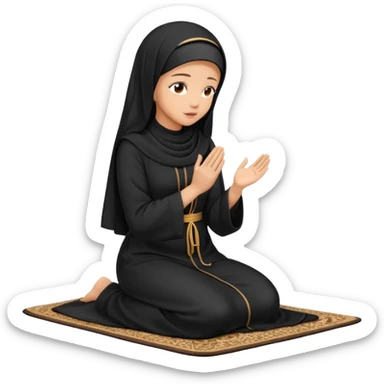 Light skin Muslim woman in black abaya side profile praying on prayer mat  holding up hands to god sticker