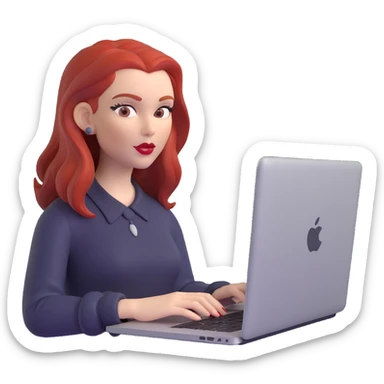 white-skinned red-haired woman with middle-parted red hair, red lipstick, using a MacBook sticker